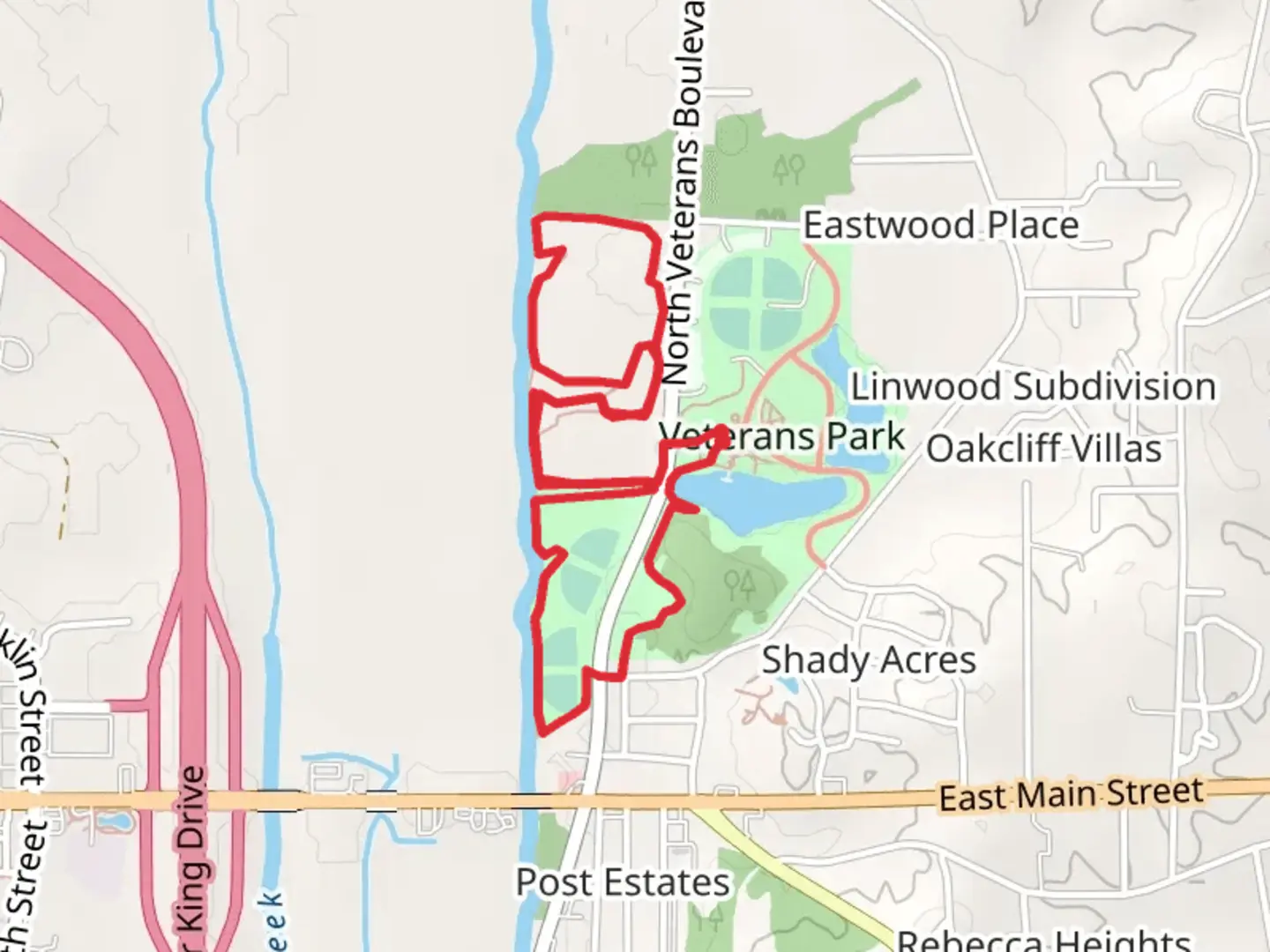 An image depicting the trail Music Bens Trail and Veterans Track Loop and its surrounding area.