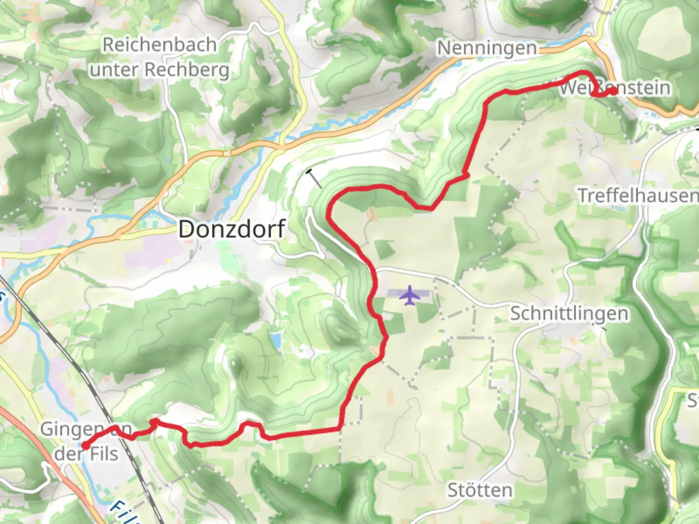 An image depicting the trail Weibenstein to Gingen Walk and its surrounding area.