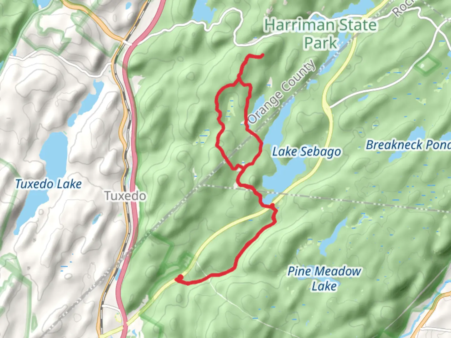 An image depicting the trail Lake Skemonto, Parker Cabin Mountain and Lake Sebago via White Bar Trail and its surrounding area.