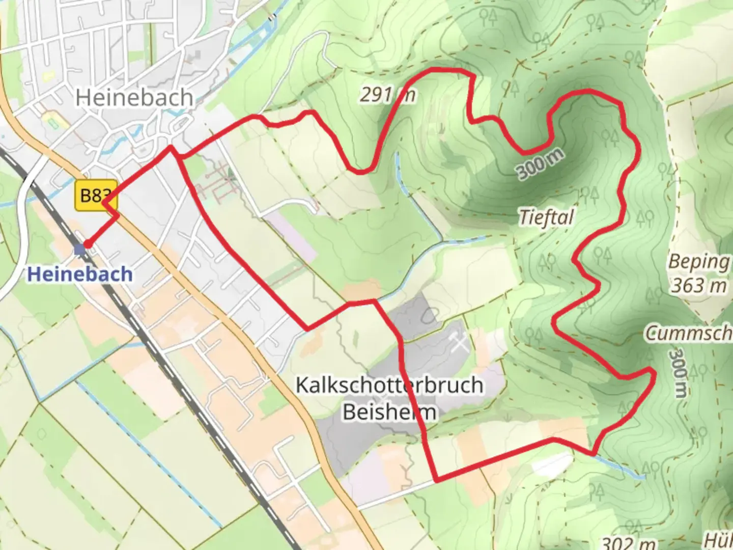 An image depicting the trail Liebesbuchen Weg and its surrounding area.