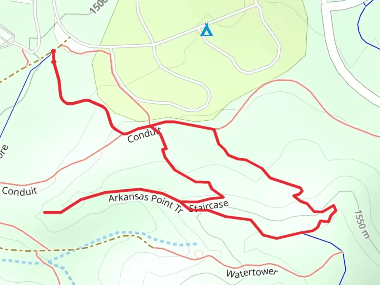 An image depicting the trail Conduit, Steep Tech and Arkansas Point Loop Trail and its surrounding area.