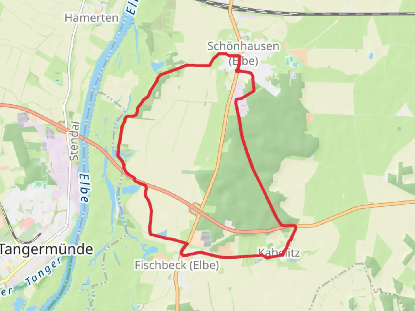 An image depicting the trail Schonhausen and Fischbeck Loop and its surrounding area.