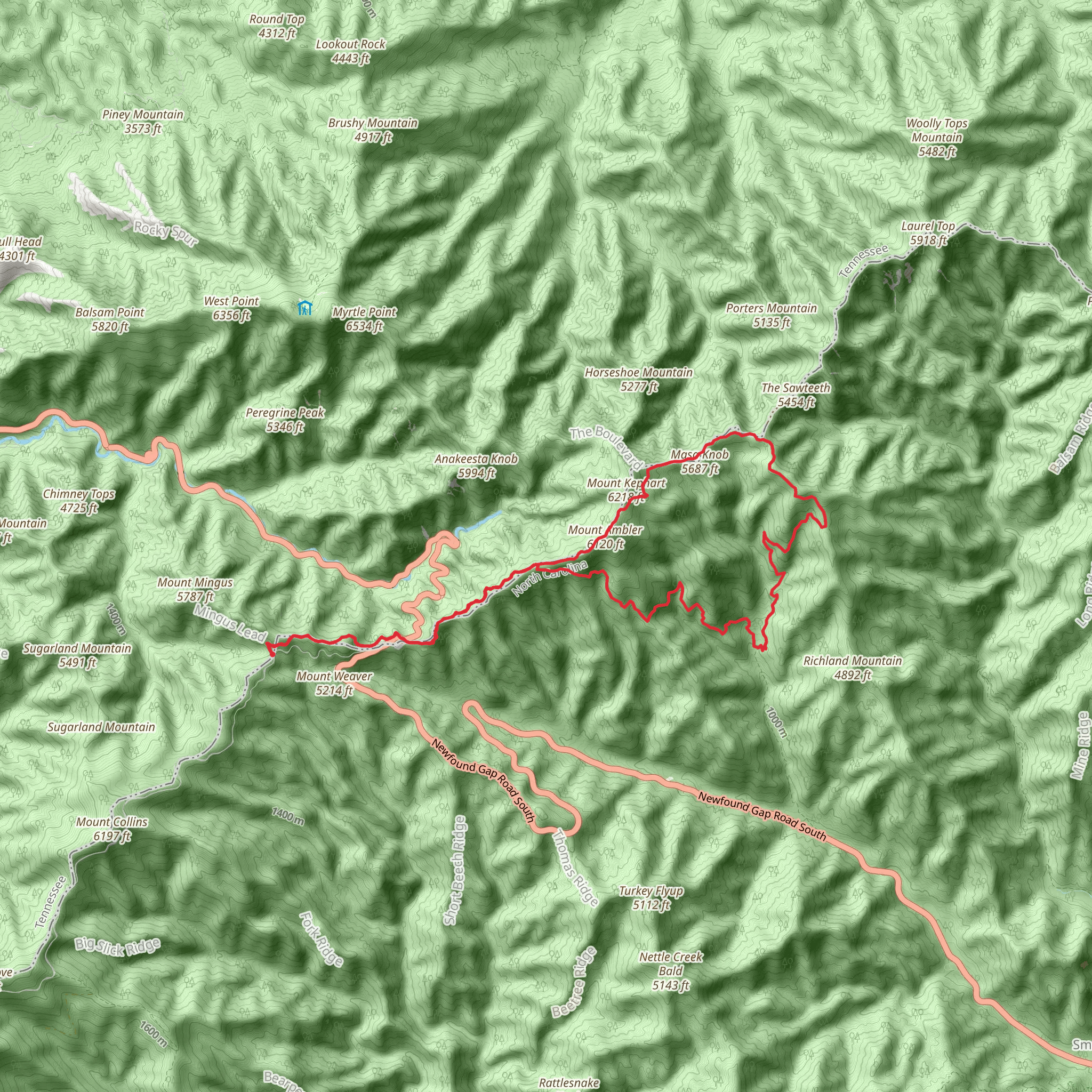 Mount Ambler, Charlies Bunion and Grassy Branch Loop Trail via Indian Gap mobile static map