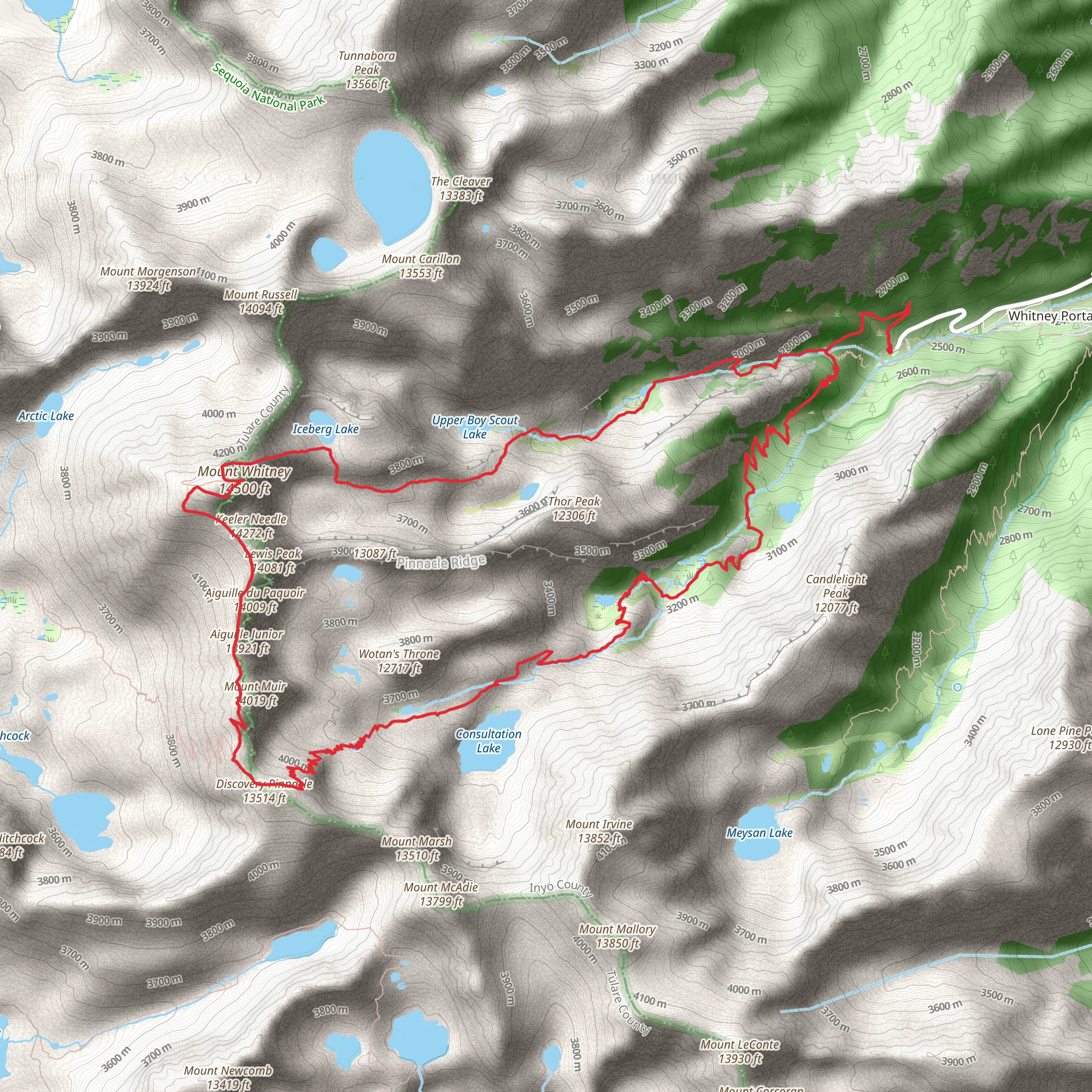 North Fork Lone Pine Creek, Mount Whitney, S'brutal Tower and Mount Whitney Loop Trail mobile static map