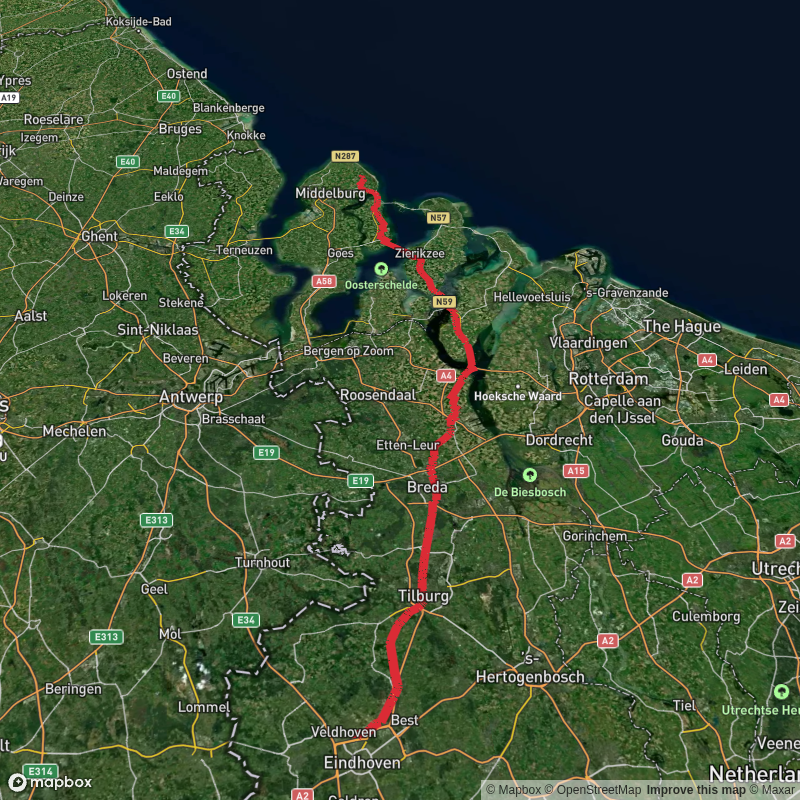 Veldhoven to Oostkapelle via Welschappad, Eindhovensedijk, Kanaaldijk Zuid and Bresaseweg