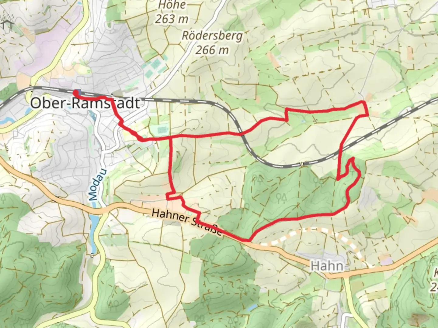 An image depicting the trail Ortsrundwanderweg Ober Ramstadt and its surrounding area.