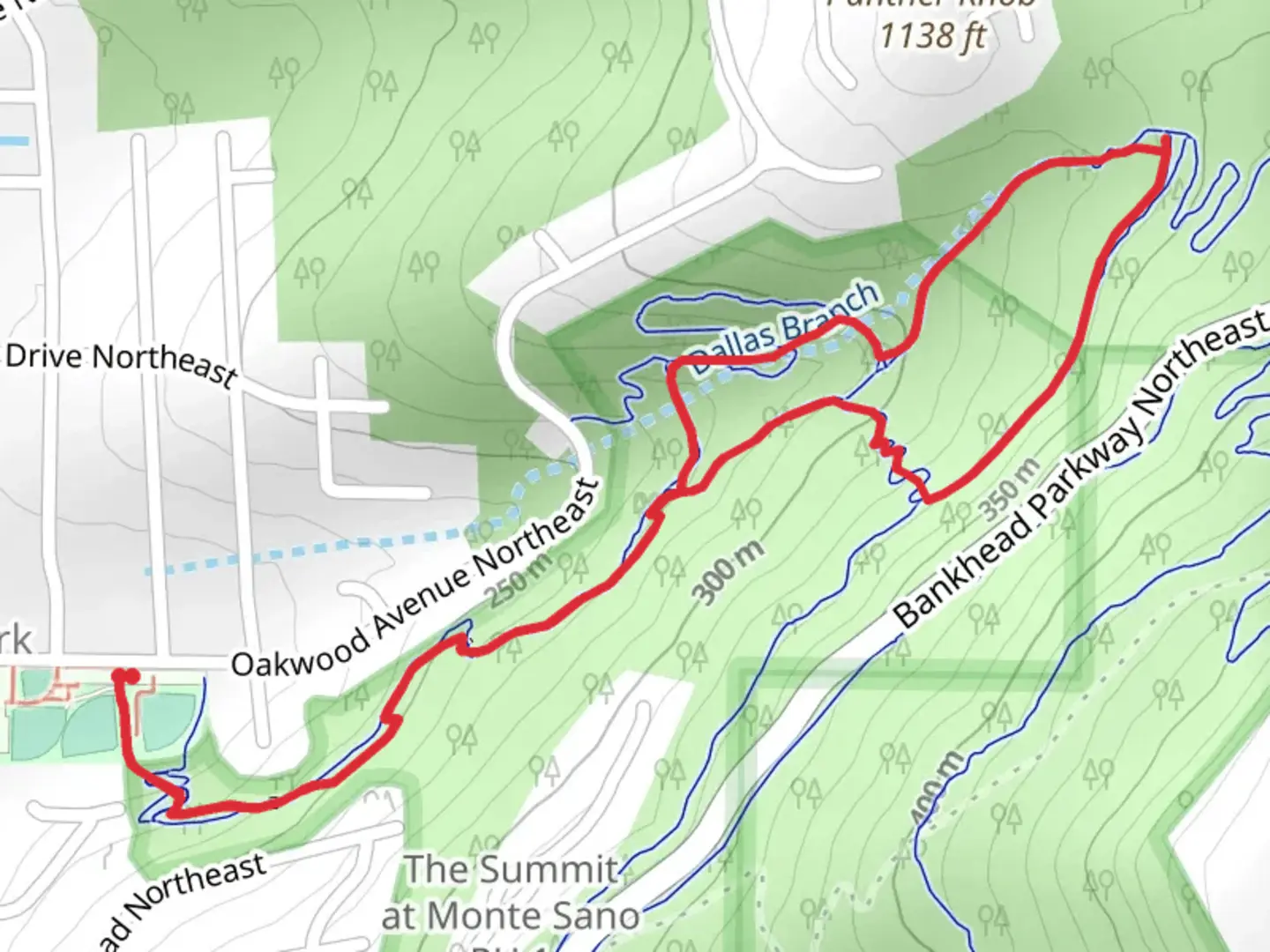 An image depicting the trail Oak Park, Bankhead and Buzzard's Roost Loop Trail and its surrounding area.