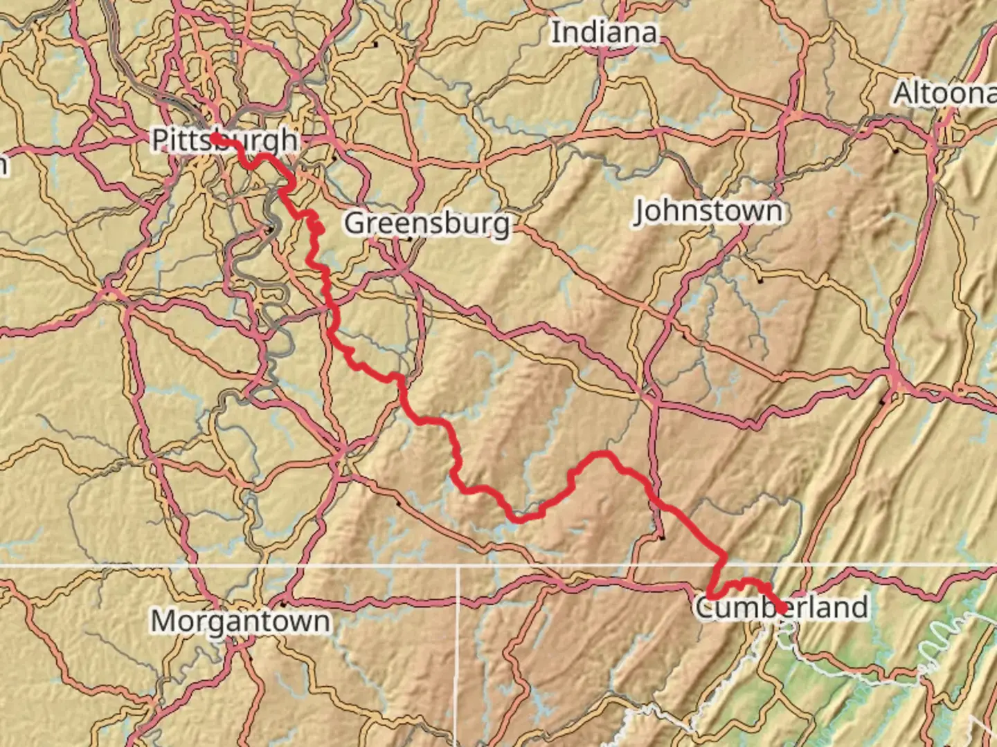 An image depicting the trail Pittsburgh to Cumberland Trail and its surrounding area.