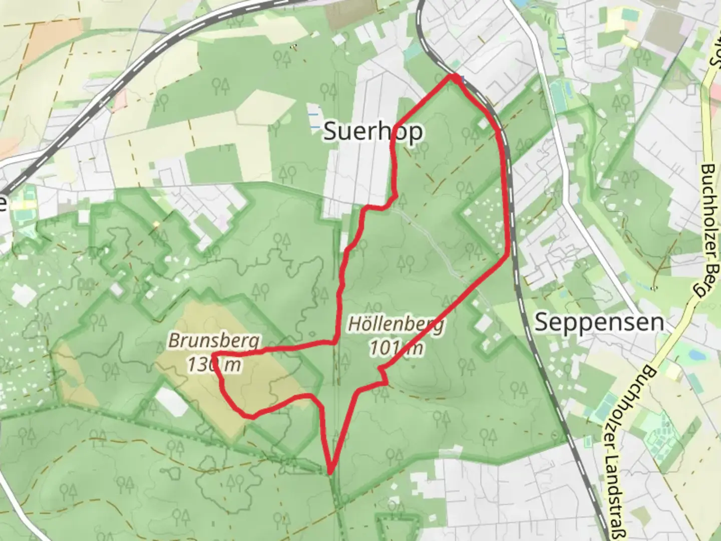 An image depicting the trail Höllenberg and NSG Brunsberg Loop and its surrounding area.