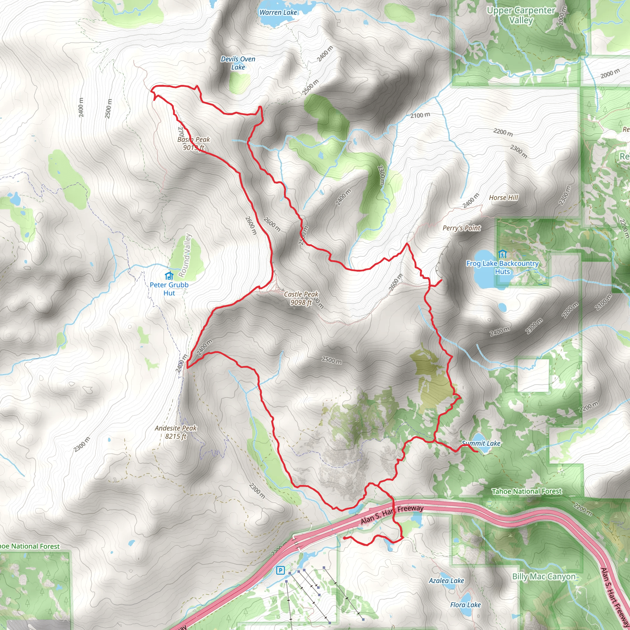 Summit Lake, Frog Lake Cliff, Basin Peak and Pacific Crest Loop Trail mobile static map