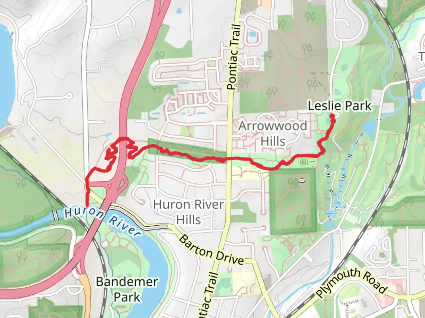 An image depicting the trail Community Food Forest at Leslie Park, Huron Parkway Right of Way and Cloverdale Park Walk and its surrounding area.