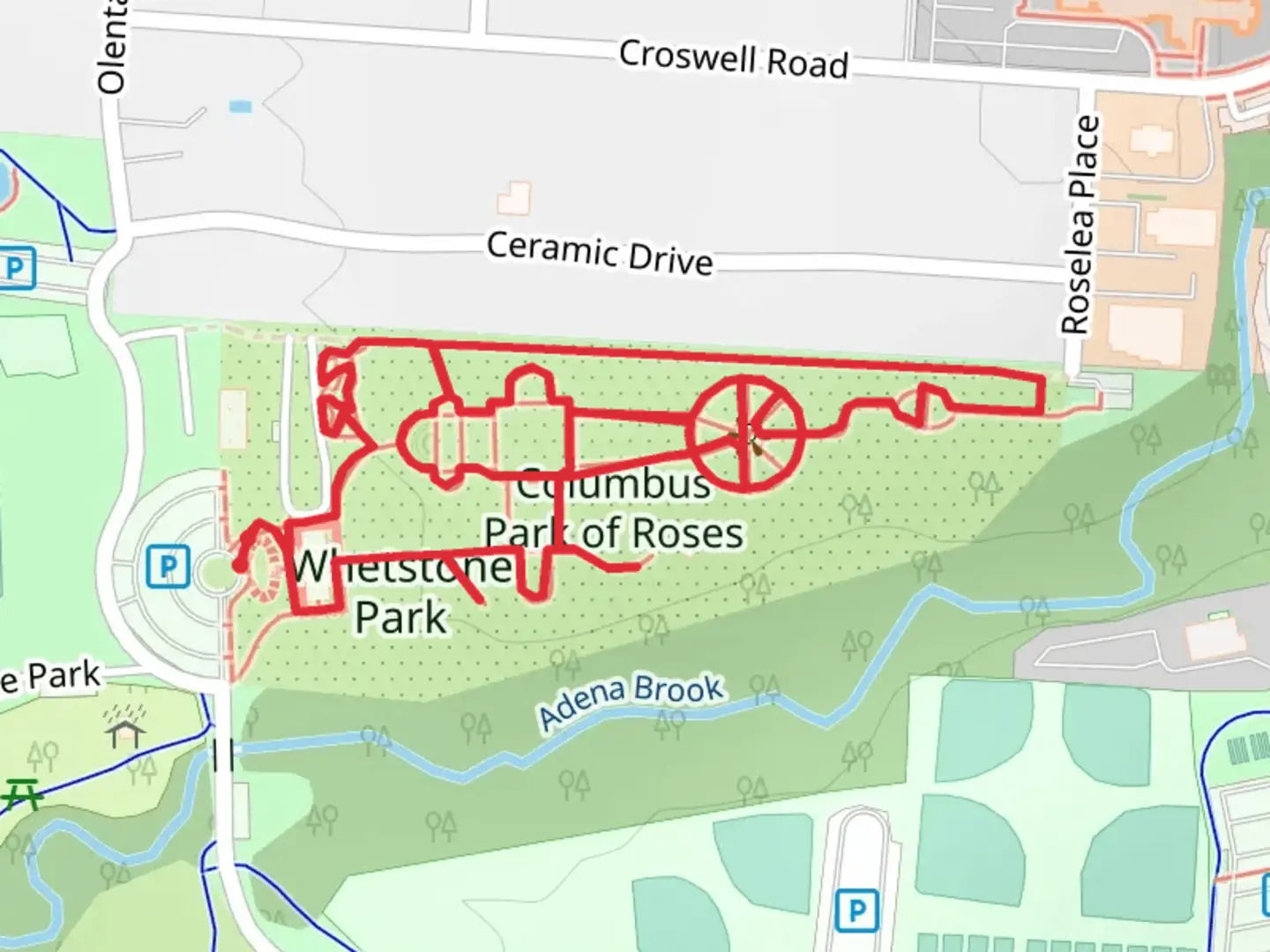 An image depicting the trail Columbus Park of Roses Walk and its surrounding area.
