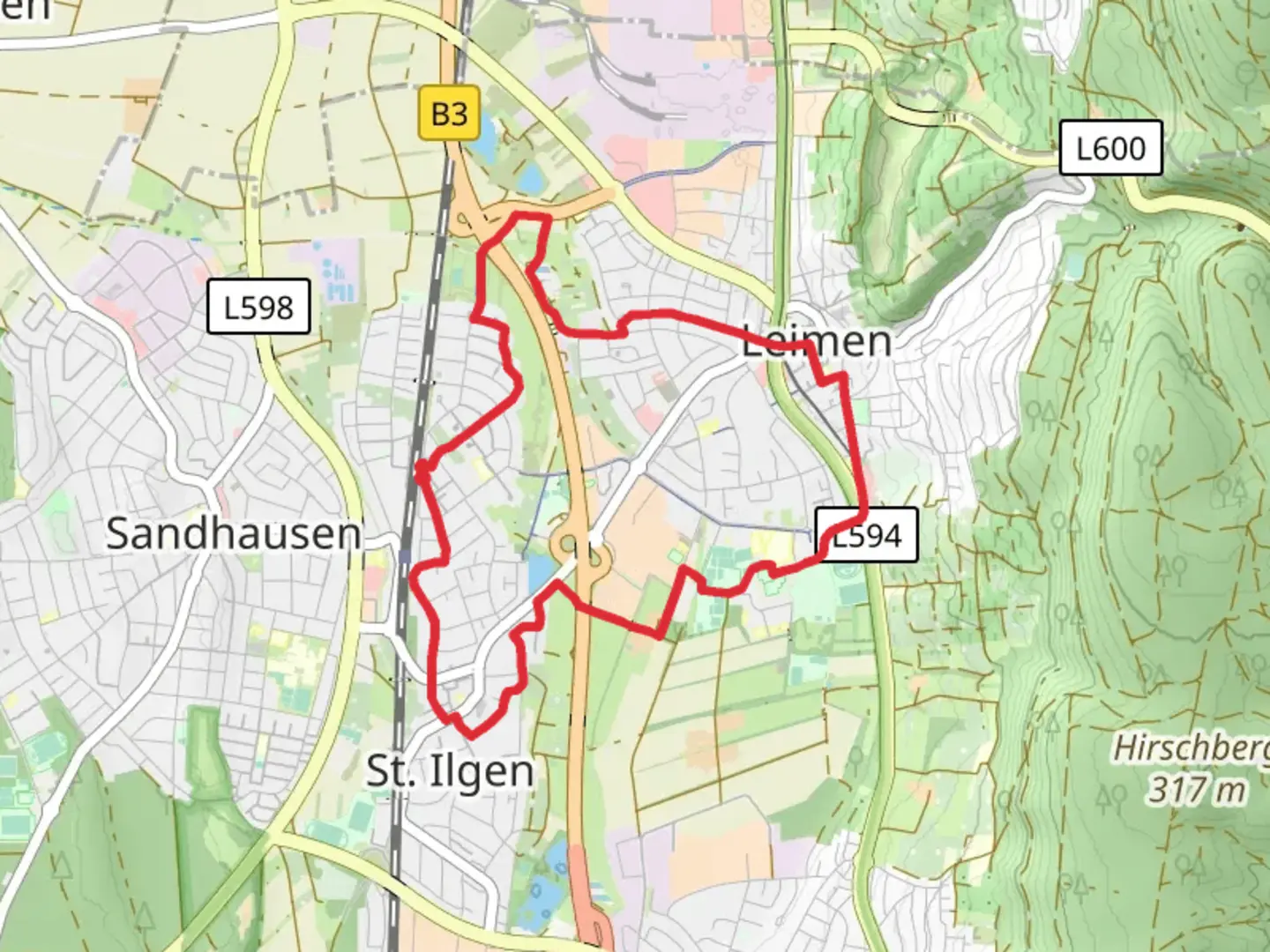 An image depicting the trail Sandhaeuser Weg and Nusslocher Strasse and its surrounding area.
