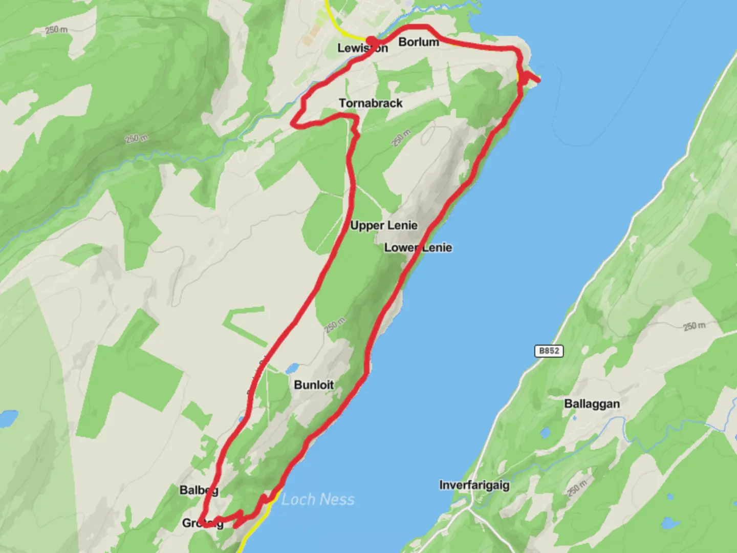 An image depicting the trail Drumnadrochit to Urquhart Castle via Great Glen Way and its surrounding area.