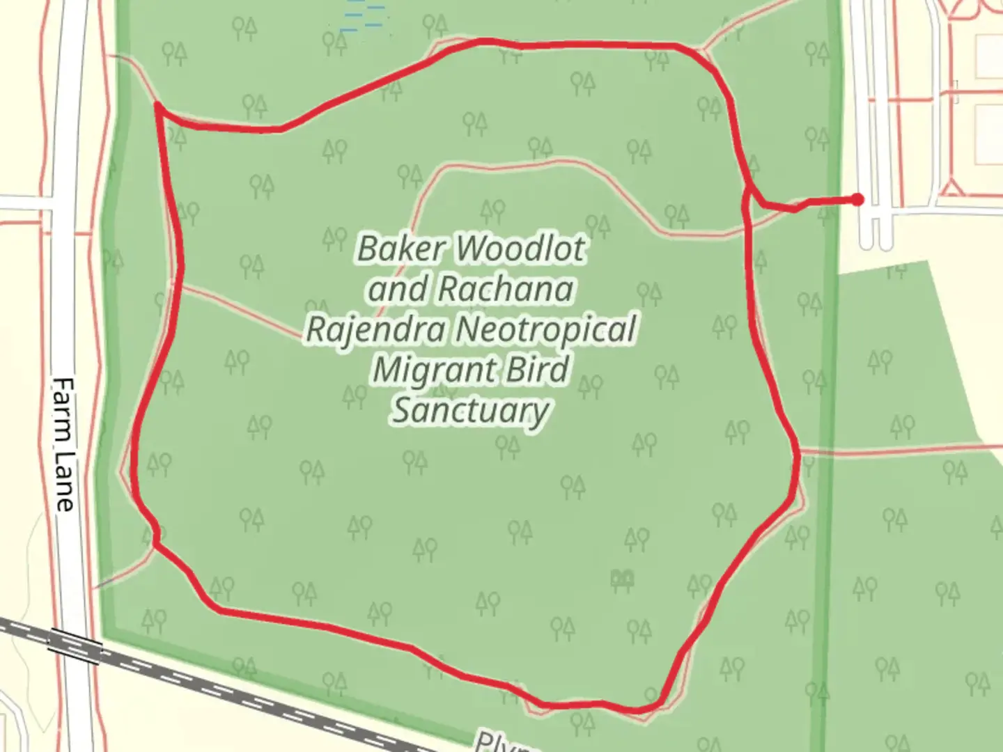 An image depicting the trail Baker Woodlot and Rachana Rajendra Neotropical Migrant Bird Sanctuary Loop and its surrounding area.