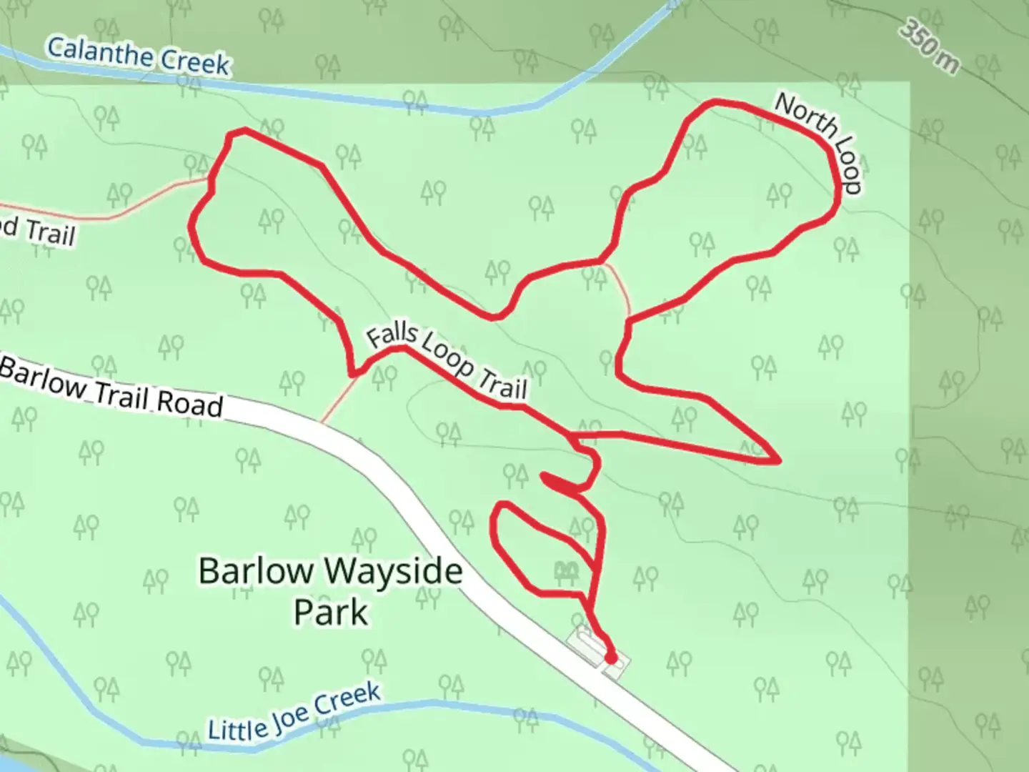 An image depicting the trail Falls Loop Trail and its surrounding area.