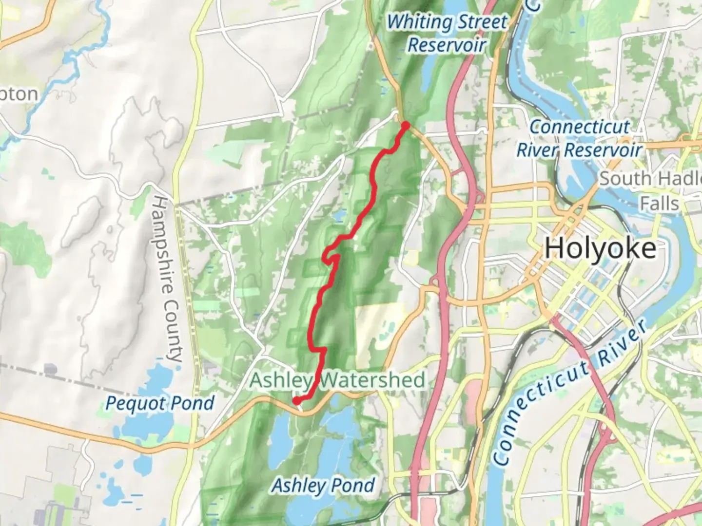 An image depicting the trail NET New England Trail from Apremont Highway to Easthampton Road and its surrounding area.