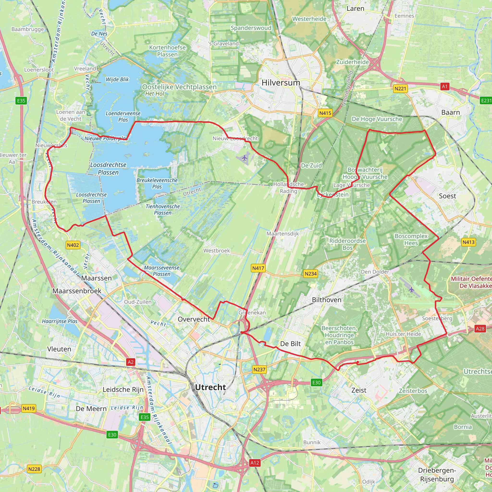 De Dreef, De Zoom, Paardenbosch, Hollandsche Rading and Loosdrechtsche Plassen Loop mobile static map