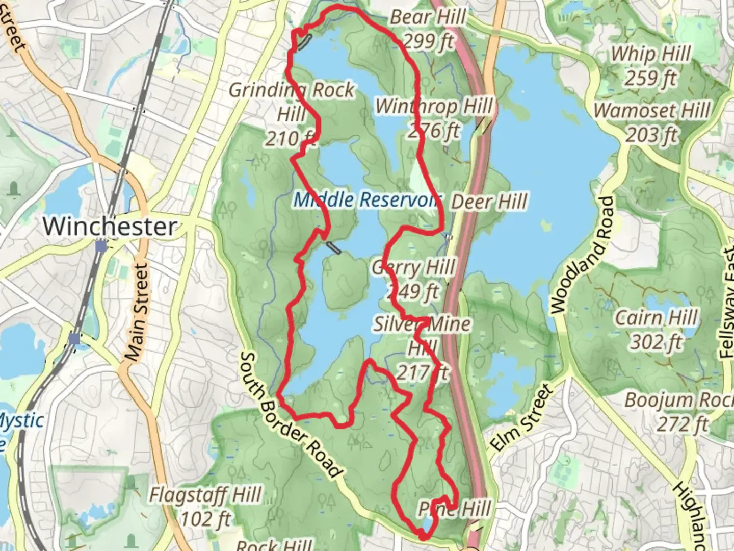 An image depicting the trail Pasture Hill, South Reservoir, North Reservoir and Gerry Hill Loop and its surrounding area.