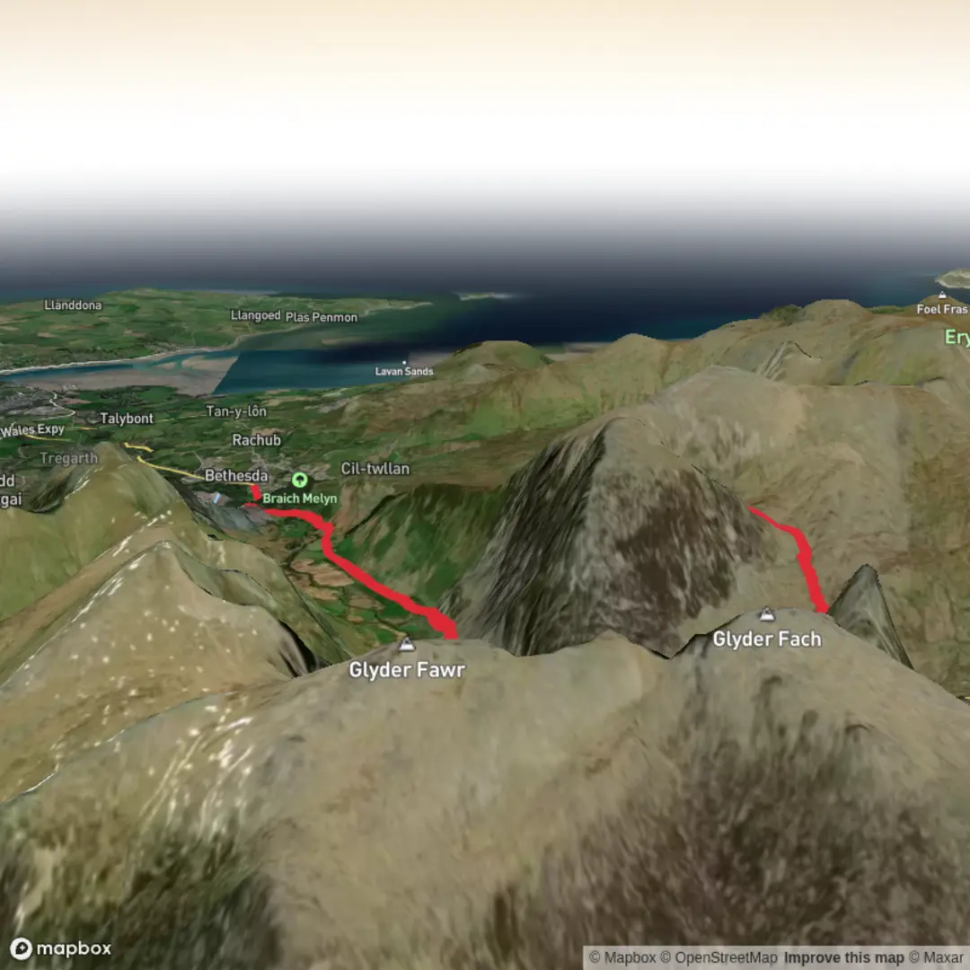 An image depicting the trail Llyn Ogwen to Ffynnon Lloer and its surrounding area.