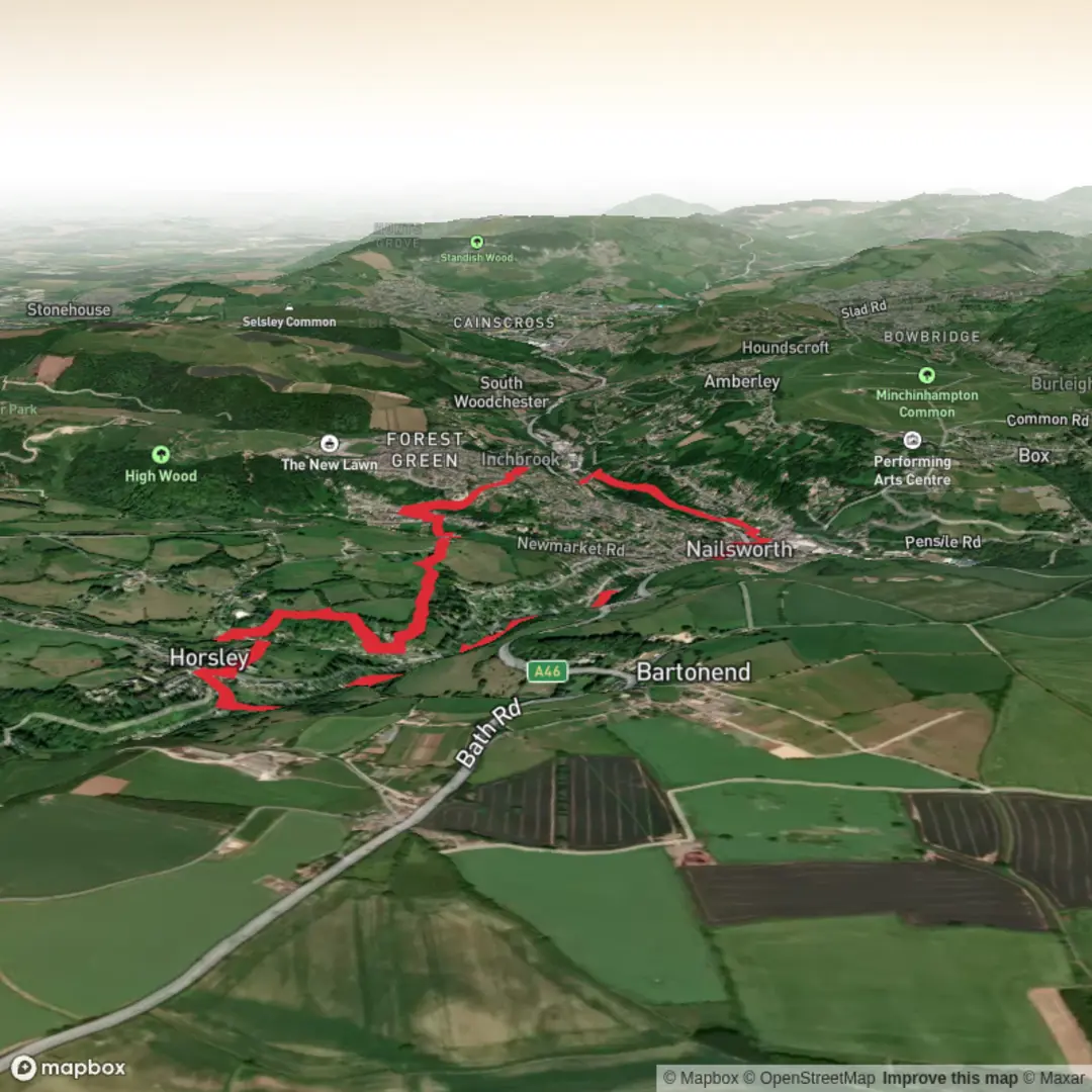 An image depicting the trail Nailsworth, Ruskin Mill longer loop and its surrounding area.
