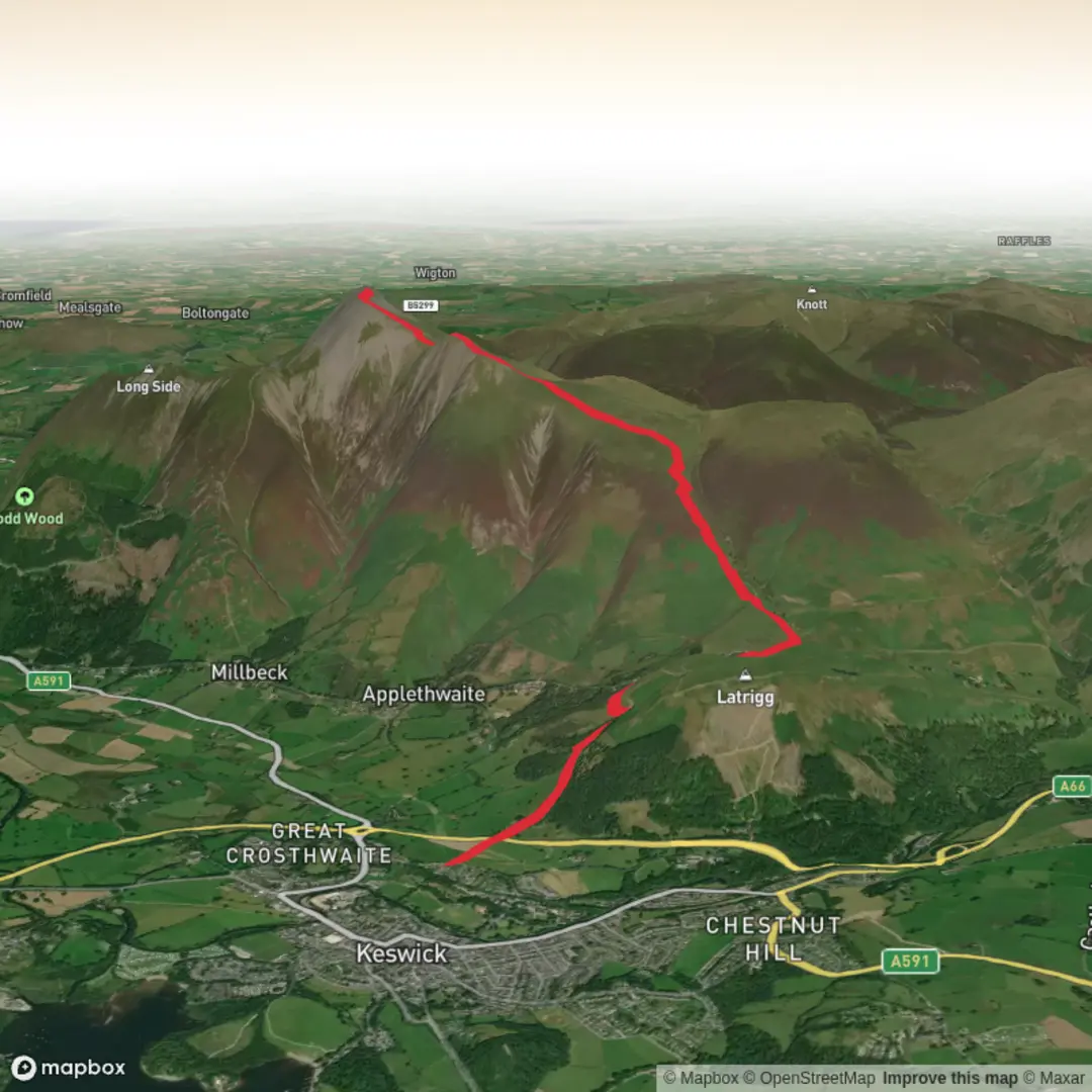 An image depicting the trail Siddaw from Keswick and its surrounding area.