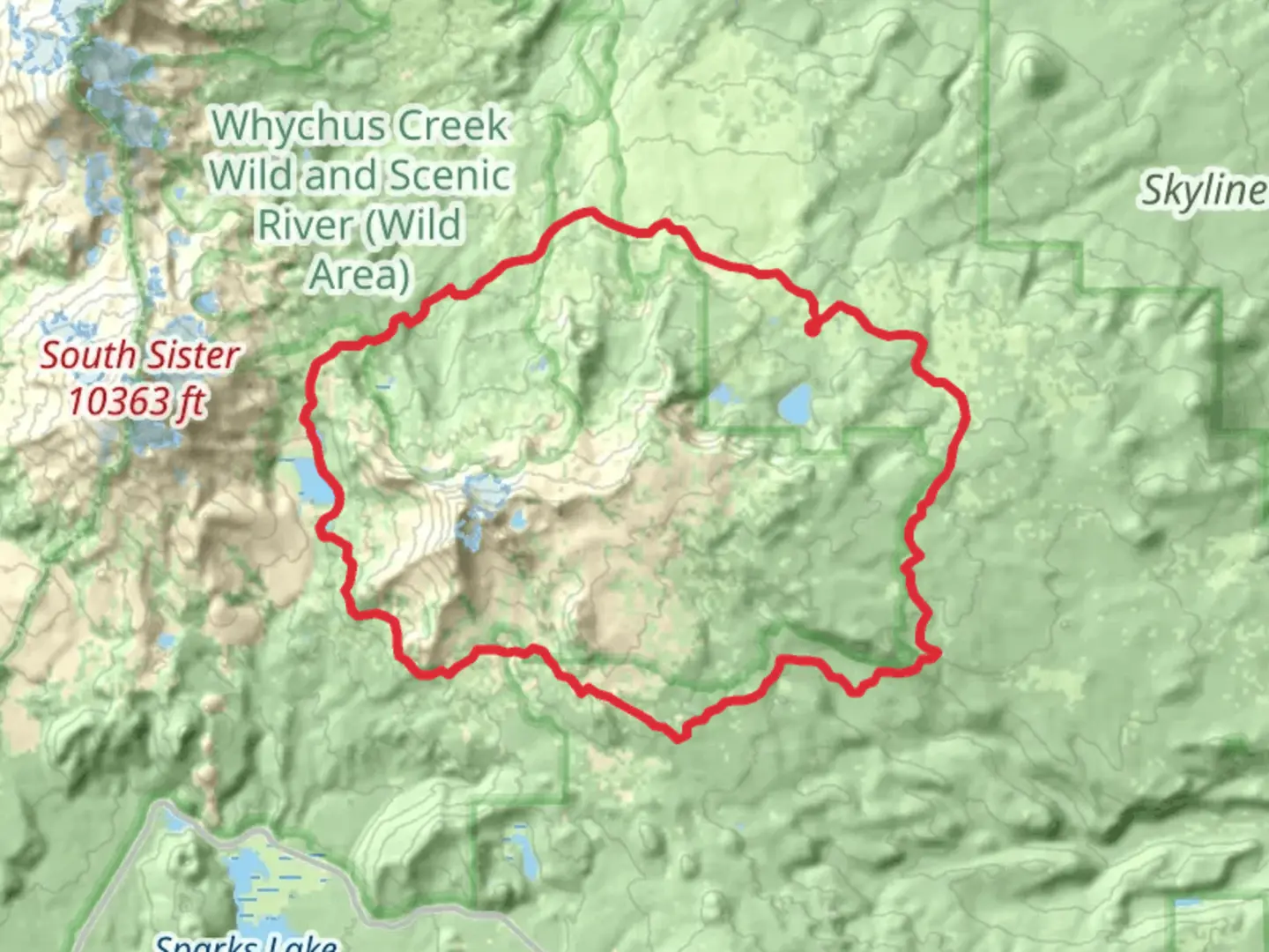 An image depicting the trail Park Meadow Trail, Broken Top Trail and Metolius-Windigo Loop Trail and its surrounding area.