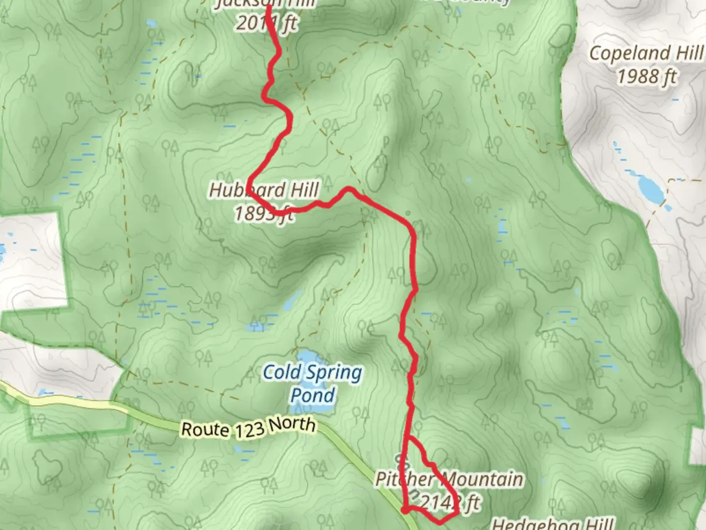 An image depicting the trail Jackson Hill and Hubbard Hill Trail via Pitcher Mountain and its surrounding area.