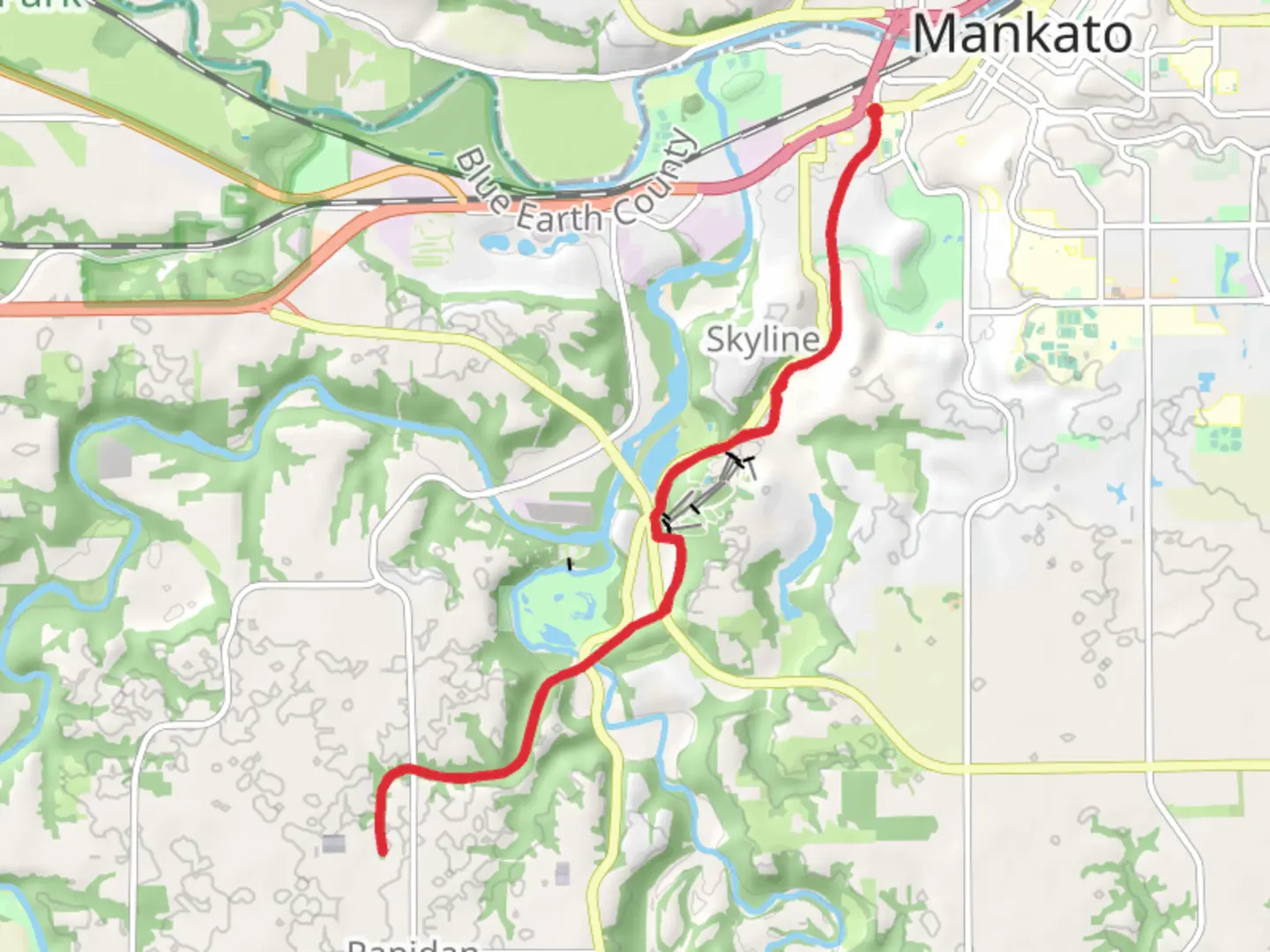 An image depicting the trail Red Jacket Trail and its surrounding area.