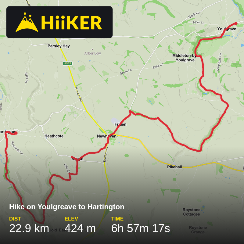 A map preview of the recording Hike on Youlgreave to Hartington.