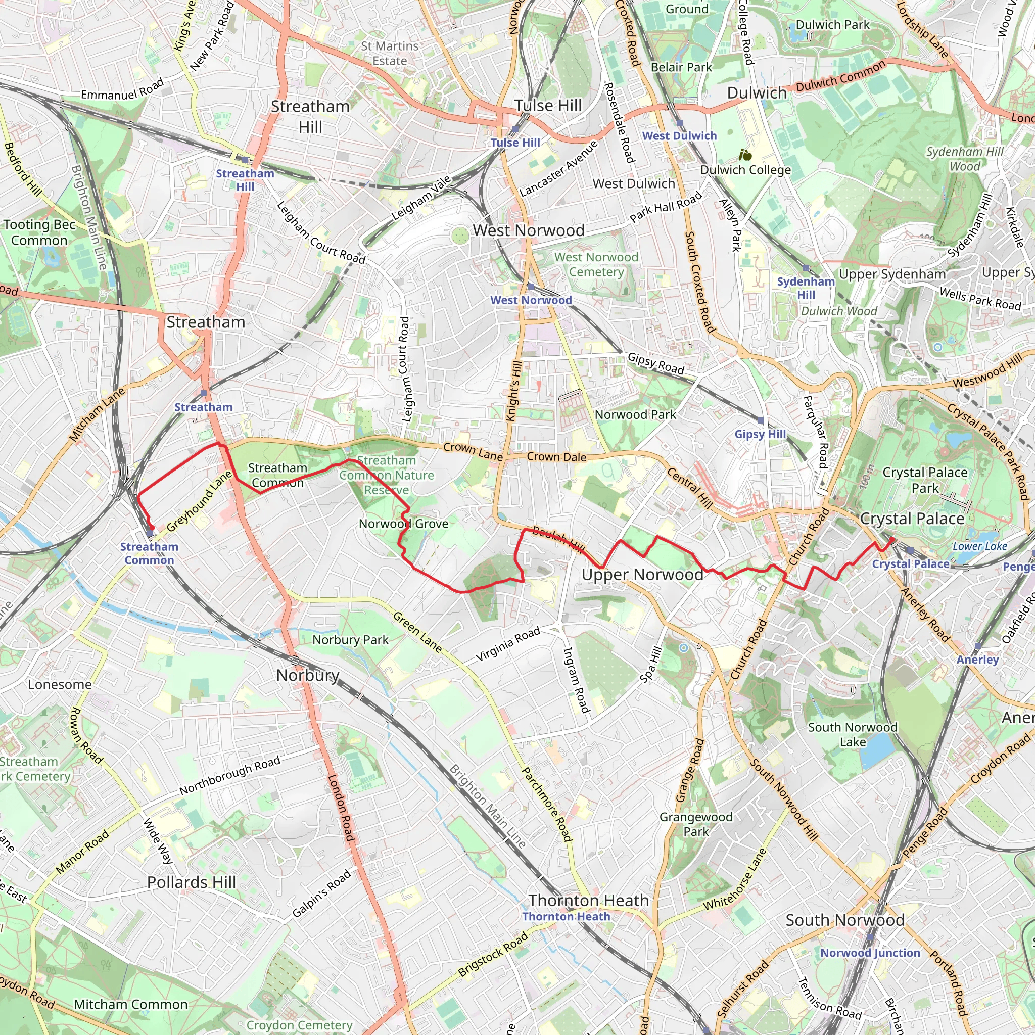 Crystal Palace to Streatham Common Walk mobile static map