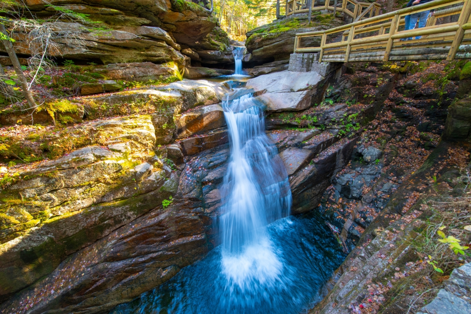 An image depicting the trail Sabbaday Falls and its surrounding area.