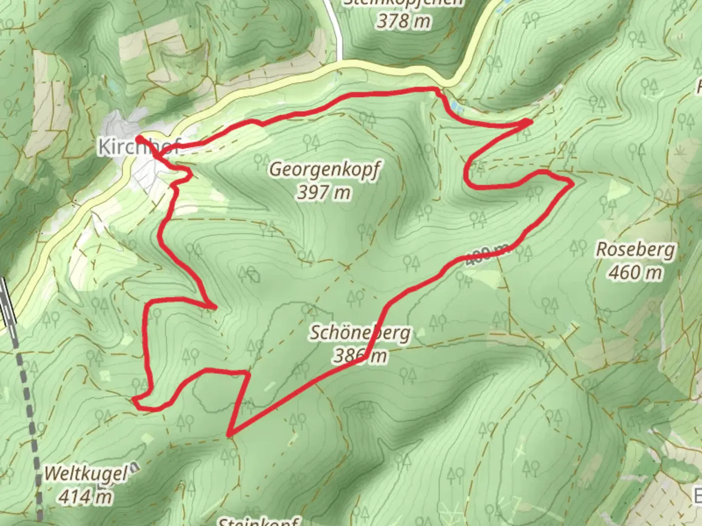 An image depicting the trail Kirchhoefer Rundweg and its surrounding area.