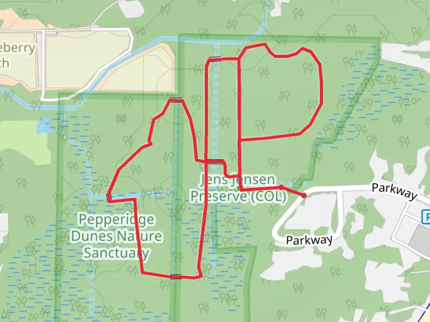 An image depicting the trail Jens Jensen - Pepperidge Loop Trails and its surrounding area.