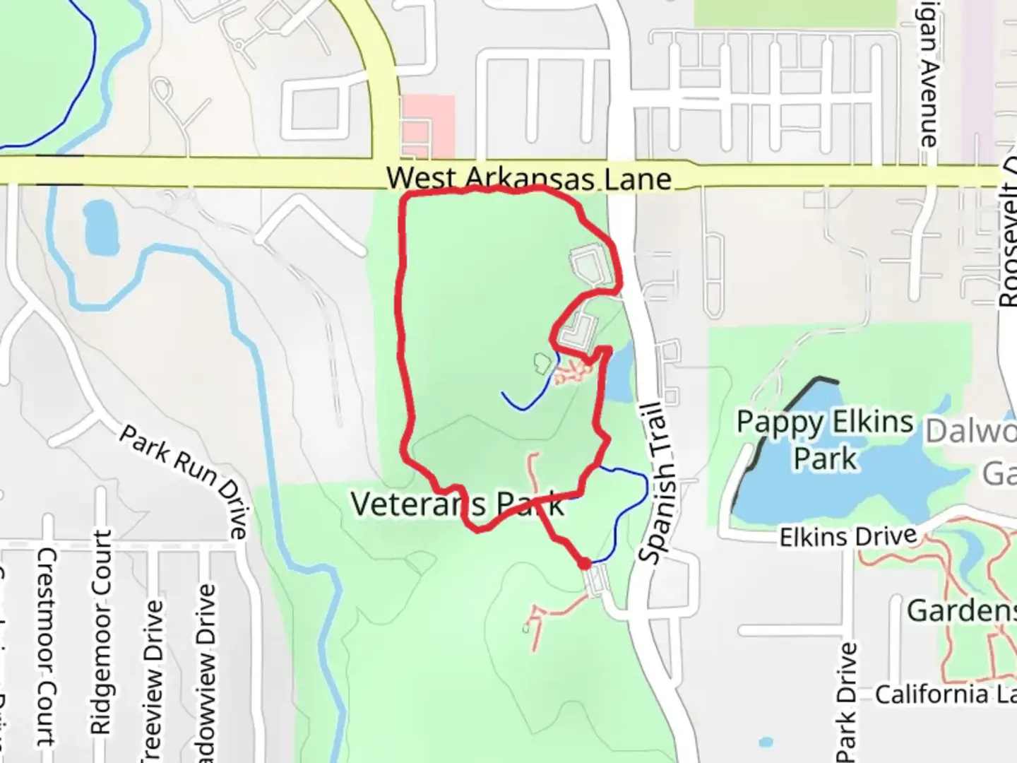 An image depicting the trail Veteran Park Loop and its surrounding area.
