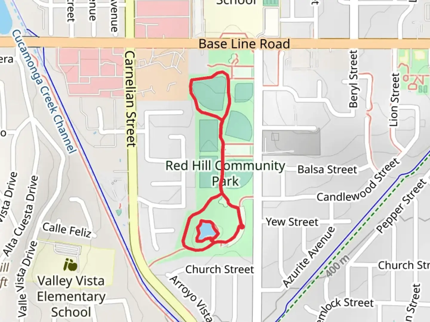 An image depicting the trail Red Hill Community Park Loop and its surrounding area.