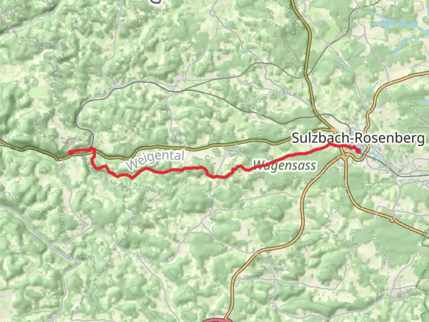 An image depicting the trail Hartmannshof to Sulzbach Rosenberg Walk and its surrounding area.