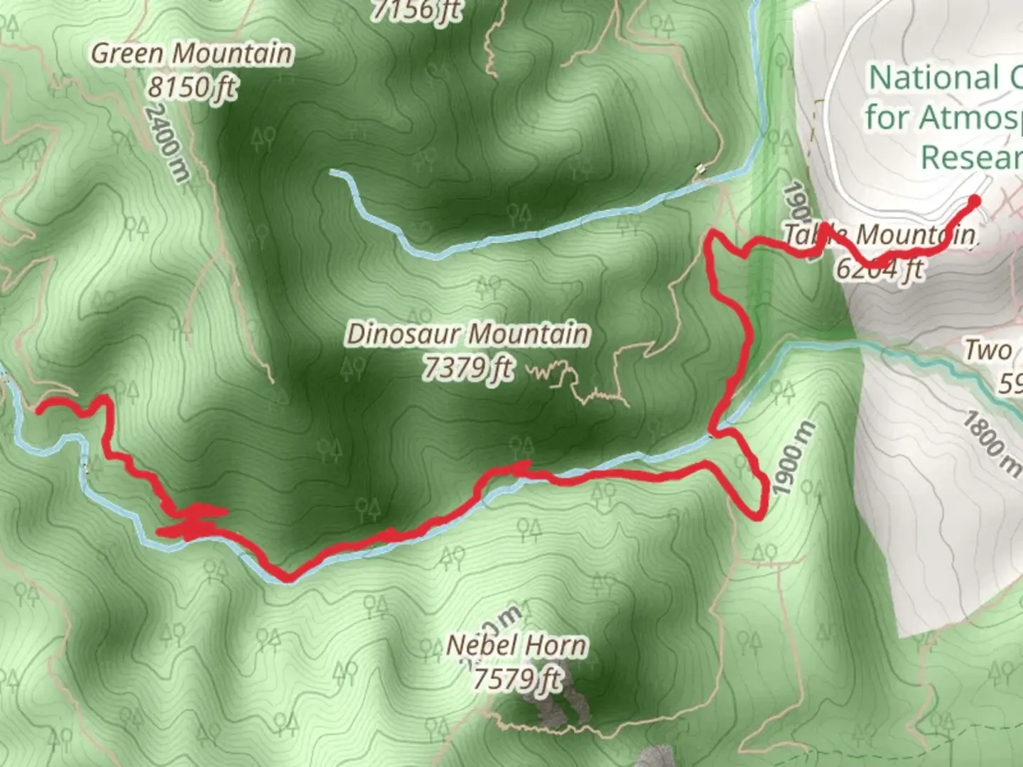 An image depicting the trail Bear Canyon via Mesa and NCAR Trail and its surrounding area.