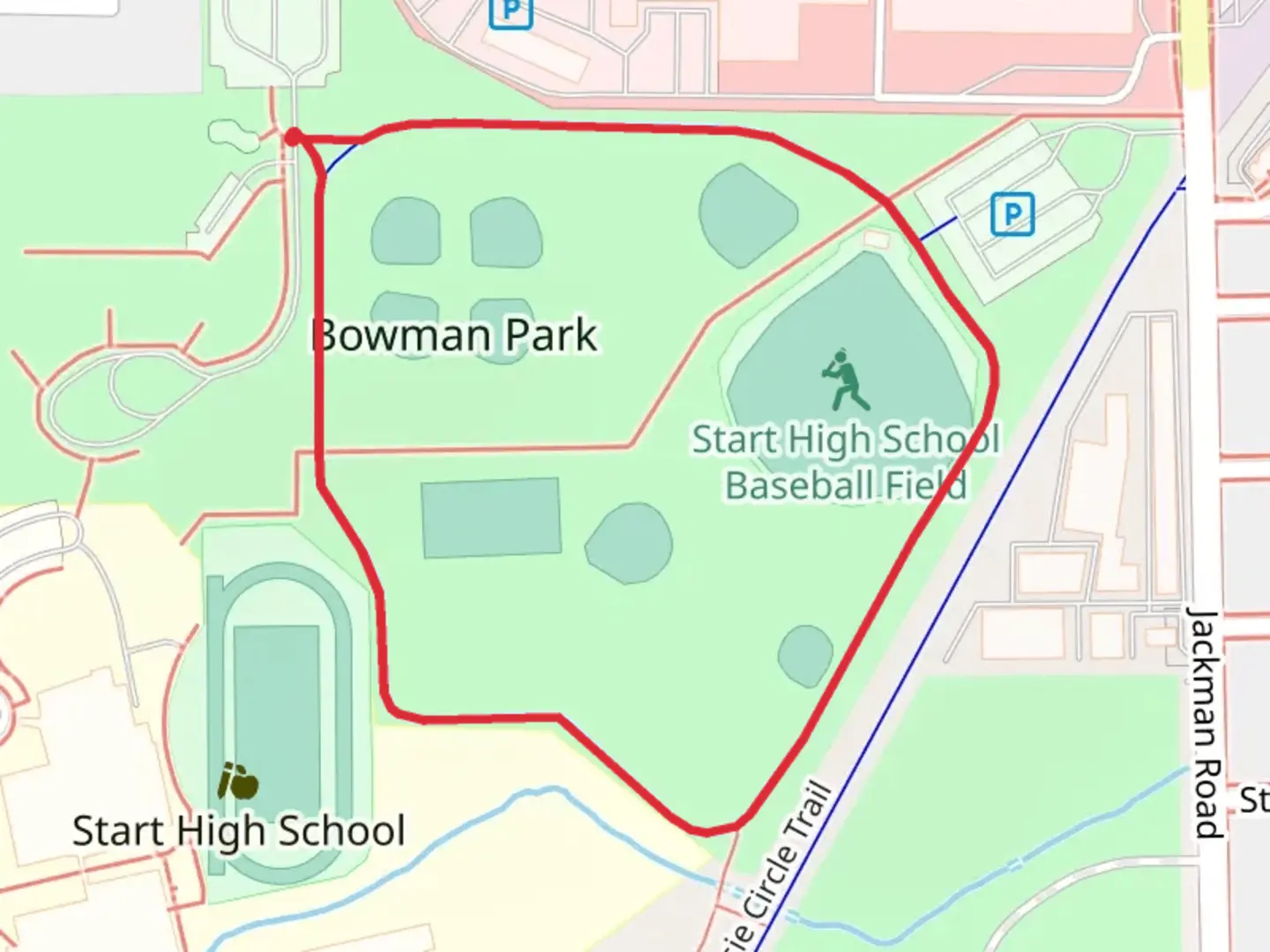 An image depicting the trail Bowman Park Loop and its surrounding area.