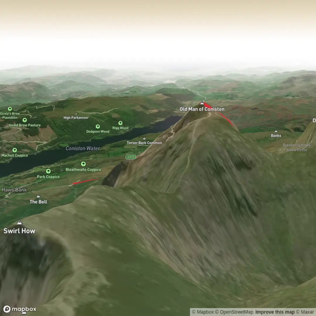 An image depicting the trail Old Man of Coniston and Goats Water Loop and its surrounding area.