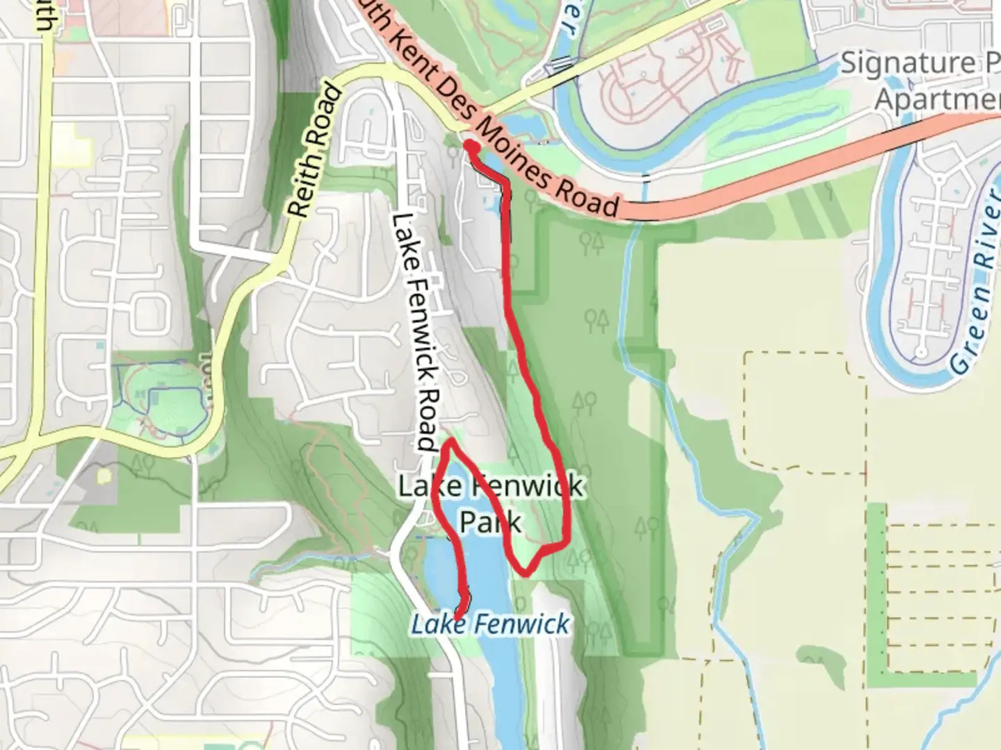 An image depicting the trail Lake Fenwick Out and Back and its surrounding area.