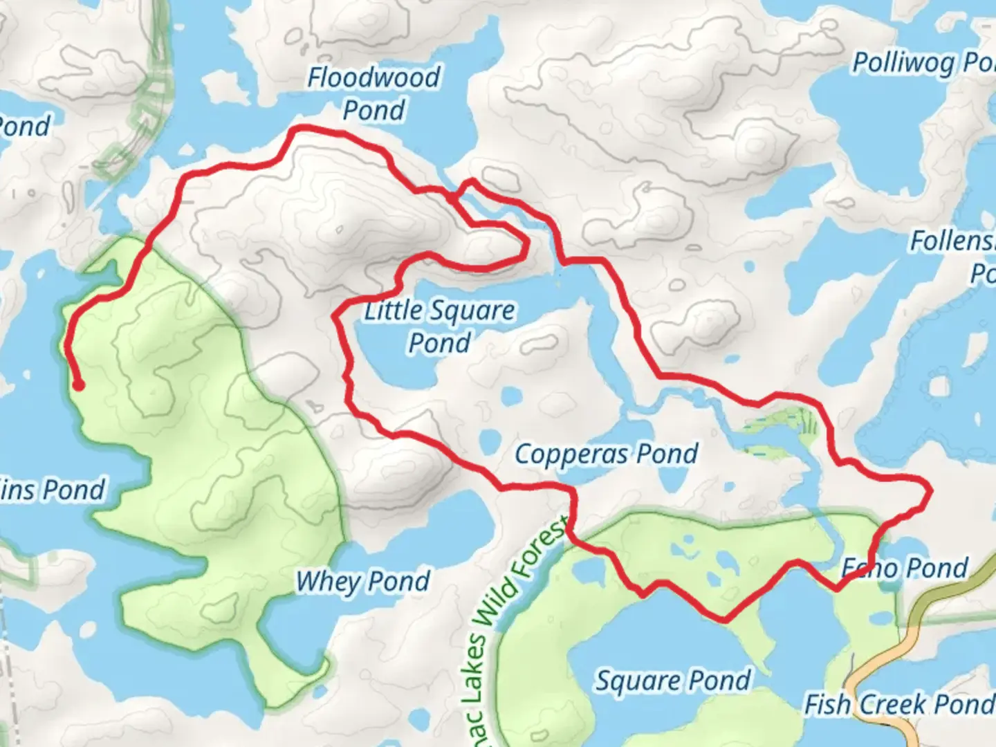 An image depicting the trail Little Square Pond and Fish Creek Loop Trail and its surrounding area.