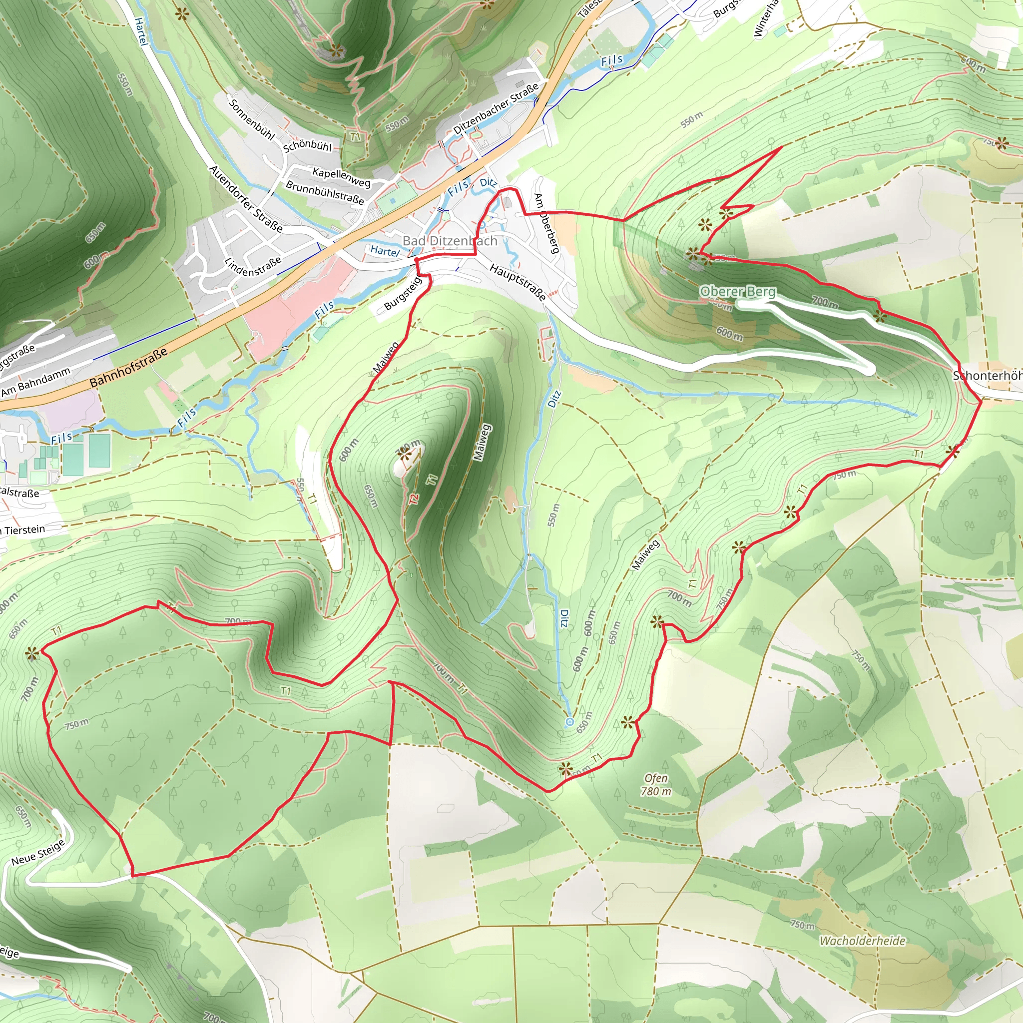 Oberberg, Badfelsen, Tierstein and Ruine Hiltenburg Loop mobile static map