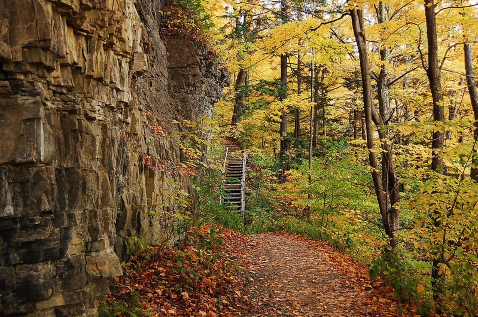 An image depicting the trail Indian Ladder, Mine Lot Falls Loop via Long Path and Perimeter Yellow Trail and its surrounding area.