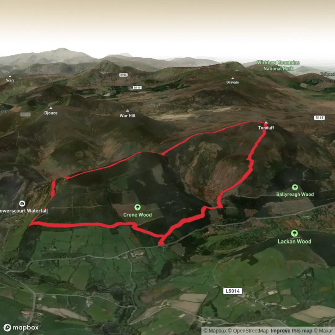 An image depicting the trail Crone - Tonduff - Tonduff East Top - Maulin and its surrounding area.