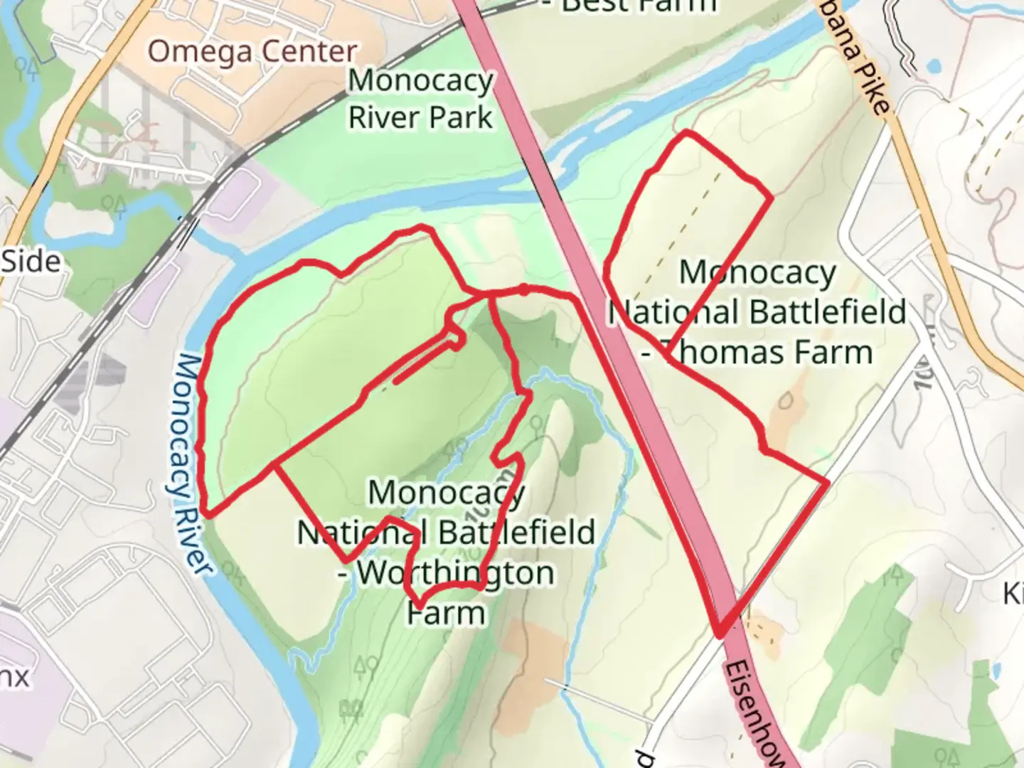 An image depicting the trail Monocacy National Battlefield - Worthington Farm and Thomas Farm Loop and its surrounding area.