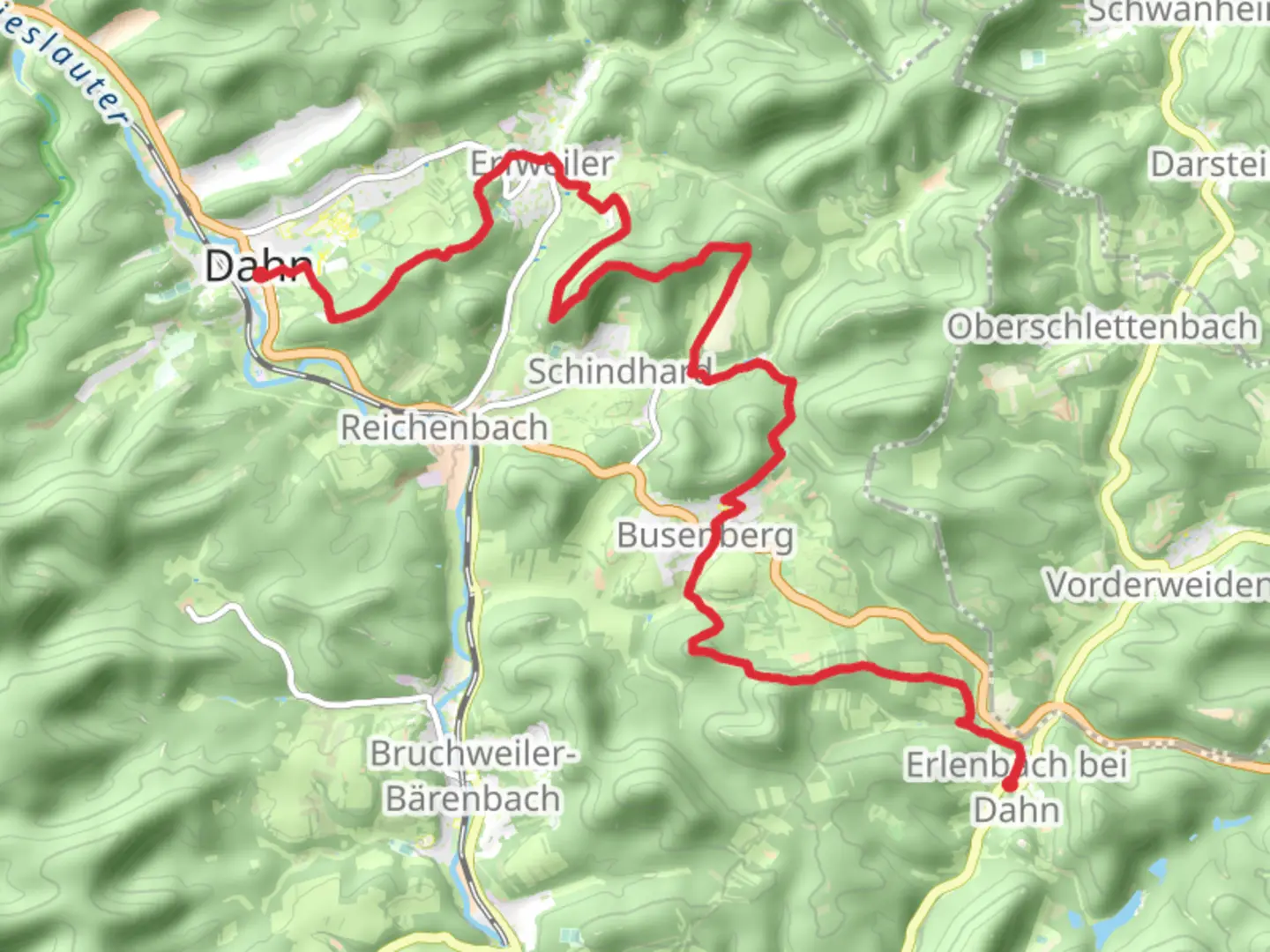 An image depicting the trail Dahn to Erlenbach bei Dahn via Kahlenberg and its surrounding area.