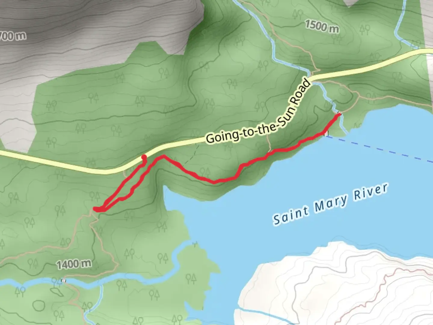 An image depicting the trail St Mary Falls Cutoff and Piegan Pass and its surrounding area.