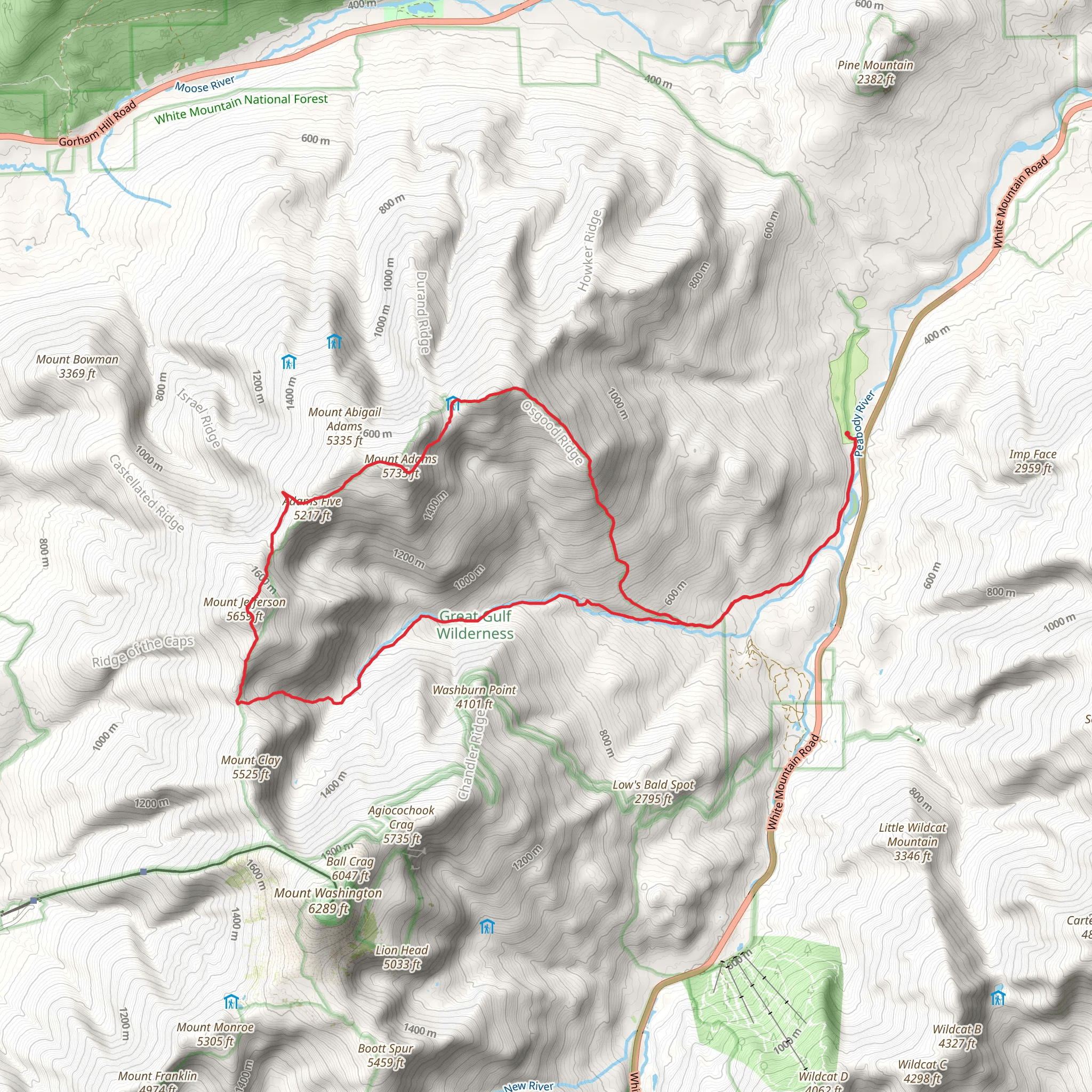 Mount Adams and Mount Jefferson Loop via Great Gulf Trail mobile static map