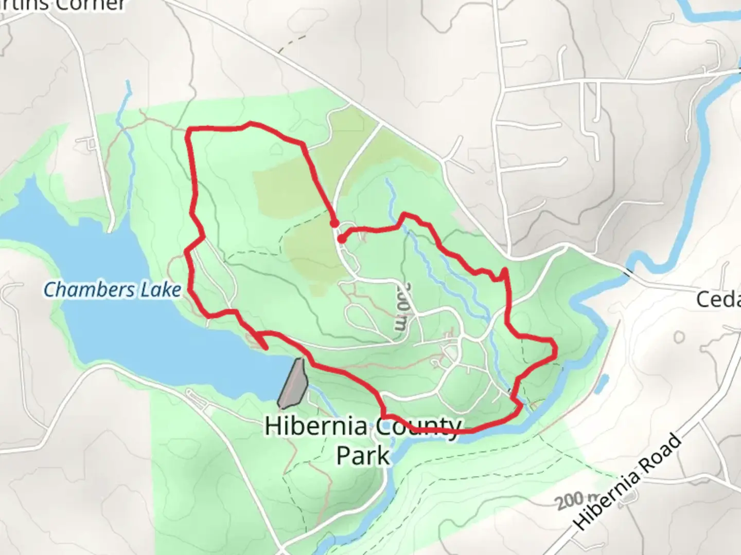 An image depicting the trail Hibernia County Park and Chambers Lake Loop and its surrounding area.